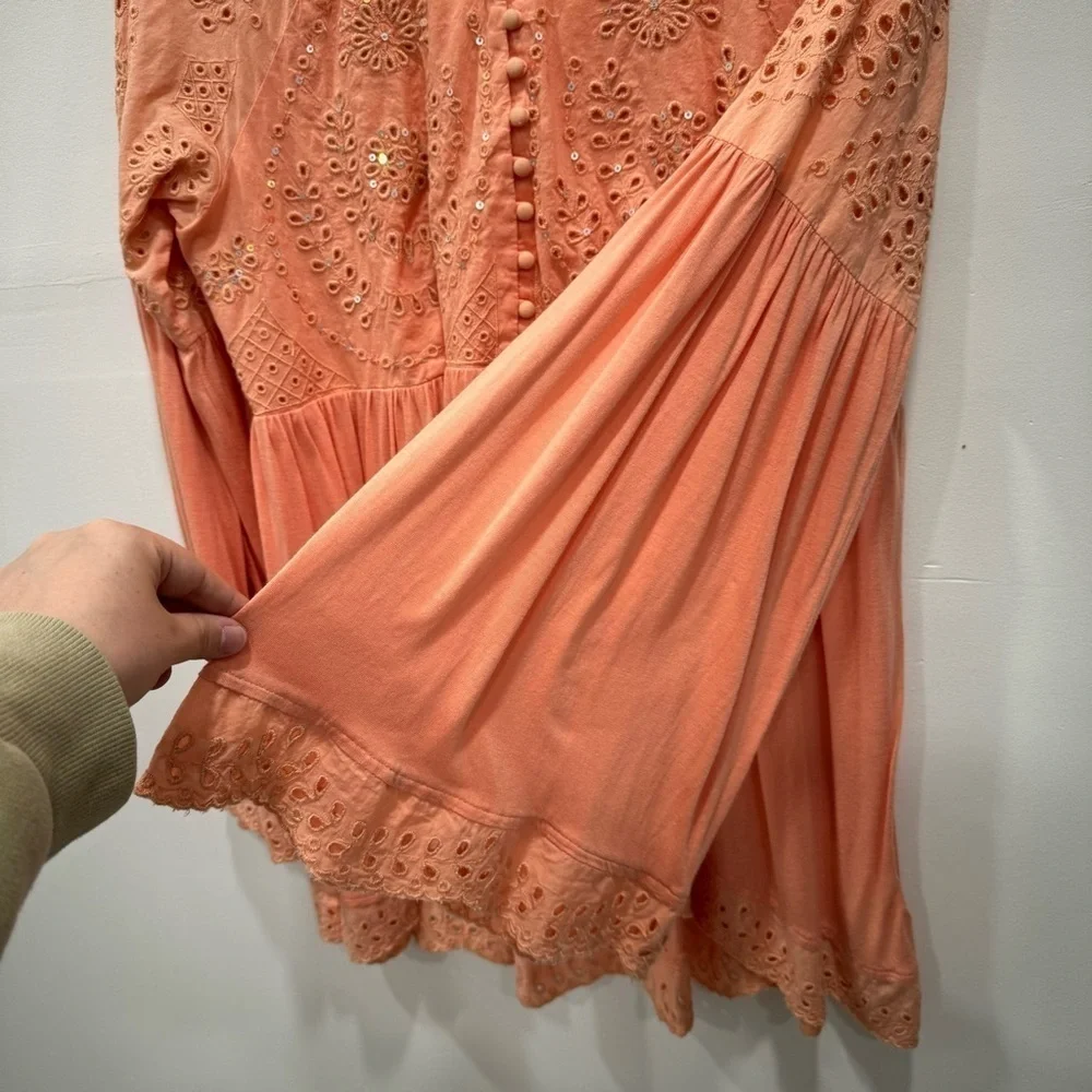 Free People Sea Of Love Top Eyelet Embroidered Fell Sleeve High Low Medium